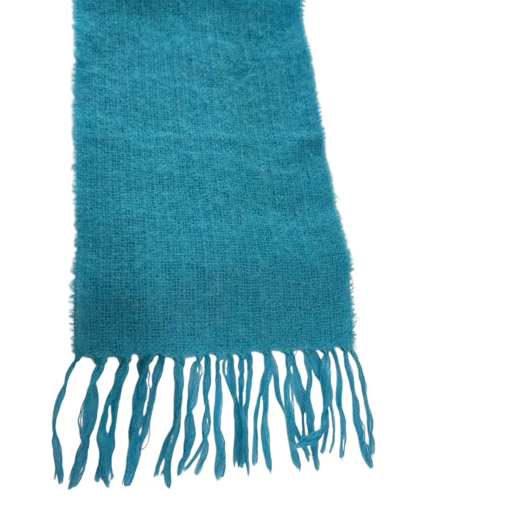 John Hanly Made in Ireland Bright Light Blue Artsy Knit Fringe Scarf Mohair Wool